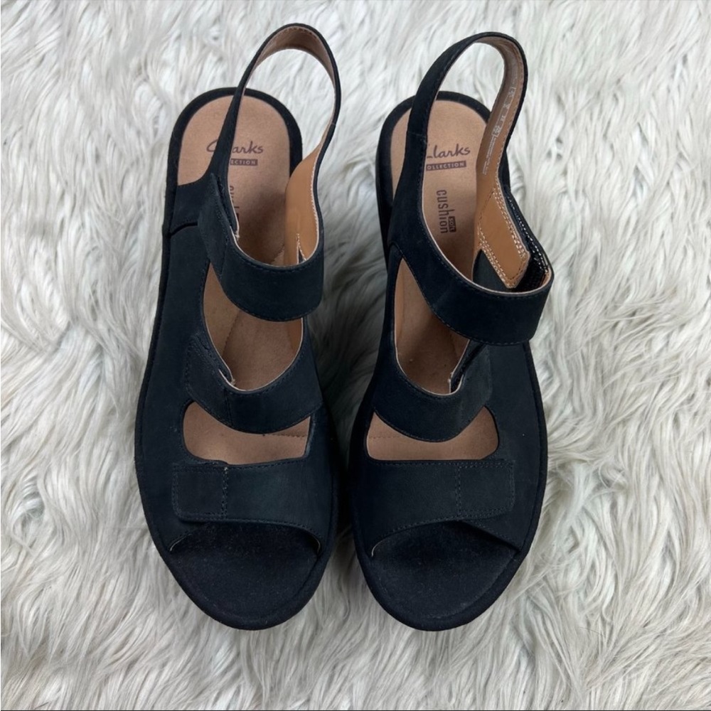 NWOT Clarks Collection Women's Black Nubuck Wedge Platform Sandals Velcro Sz 9 - Picture 4 of 8